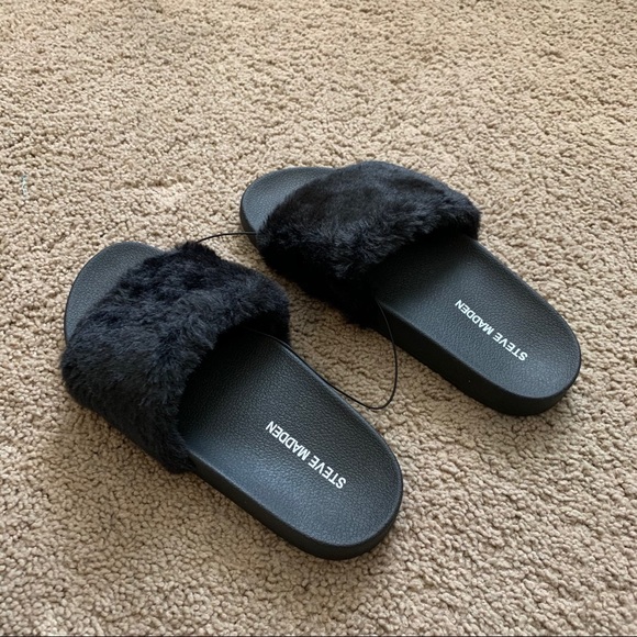 ❤️LAST NEW 10 Steve Madden Black Faux Fur Slides - Picture 7 of 12